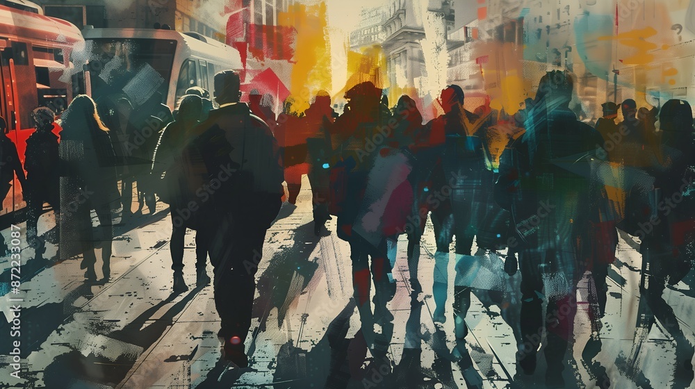 Fototapeta premium A painting of people walking on the street, abstract brush strokes, double exposure effect with cityscape background