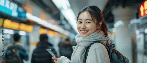 Cheerful young Asian female commuter smiling while navigating her smartphone a bustling subway