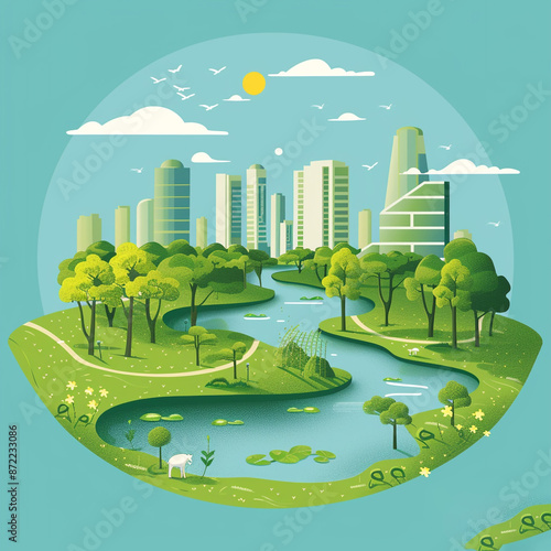 Illustrations of the earth with cities and landscapes, in the style of cartoon illustrations, 2d game art, industrialization, and cartoon style. #872233086