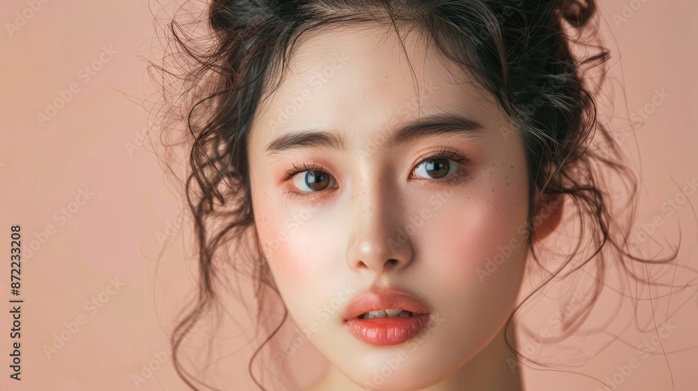 Close-up portrait of a beautiful Asian woman with curly hair and natural makeup, soft pink background Close-up portrait of a beautiful Asian woman with curly hair and natural makeup, soft pink background