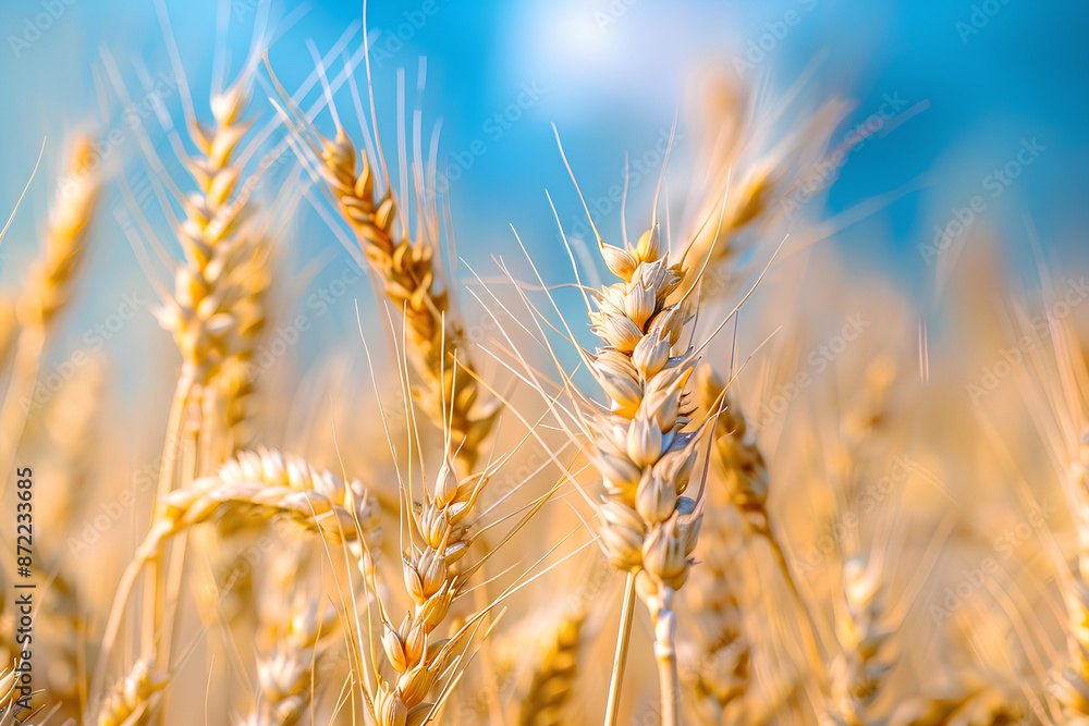 Wheat field, closeup summer wheat field at the sunset, Yellow wheat grain ready for harvest in farm field, golden wheat field and sunny day Wheat field, closeup summer wheat field at the sunset, Yellow wheat grain ready for harvest in farm field, golden wheat field and sunny day