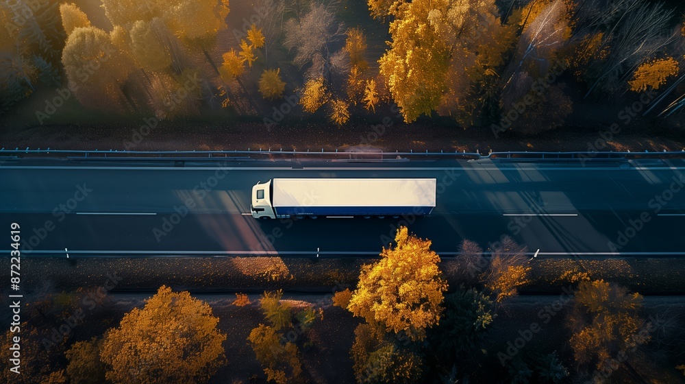 Aerial view of a truck driving along the road. Aerial view of a truck driving along the road.