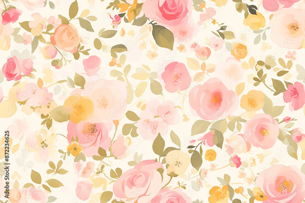 A seamless pattern of pastel-colored roses and leaves on a white background, creating a soft and delicate floral design. A seamless pattern of pastel-colored roses and leaves on a white background, creating a soft and delicate floral design.
