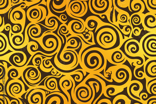 A seamless pattern with intricate golden swirls on a dark background, giving a luxurious and elegant feel. photo