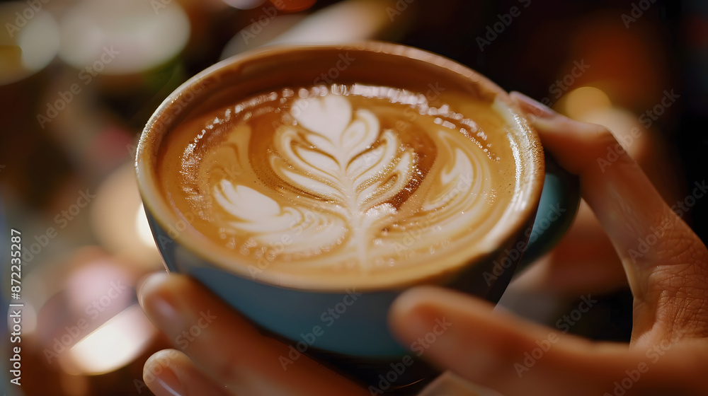 The close up picture of the person is holding the cup of latte art coffee by their own hand inside the room for the relaxation with the coffee that has been draw on the surface with the milk. The close up picture of the person is holding the cup of latte art coffee by their own hand inside the room for the relaxation with the coffee that has been draw on the surface with the milk.