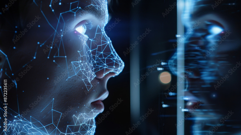 A person interacts with AI technology as holographic orbs and abstract shapes flow between them. A person interacts with AI technology as holographic orbs and abstract shapes flow between them.