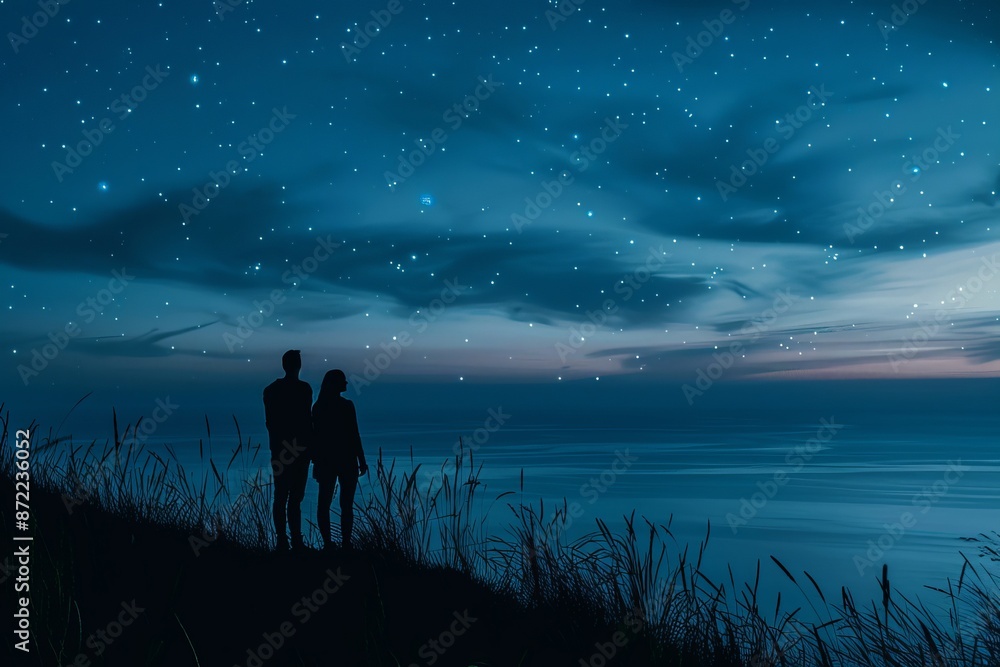 Serene silhouette of a couple standing on a hilltop Serene silhouette of a couple standing on a hilltop