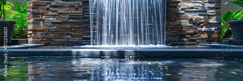 Wide banner featuring a modern outdoor water fountain or waterfall, perfect for garden landscape