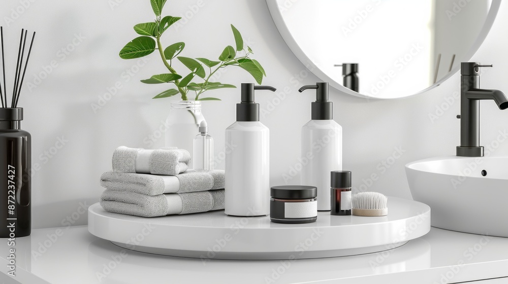 A modern bathroom vanity with a white countertop and a round, white Lazy Susan. Two white soap dispensers with black pumps sit on the Lazy Susan. A modern bathroom vanity with a white countertop and a round, white Lazy Susan. Two white soap dispensers with black pumps sit on the Lazy Susan.