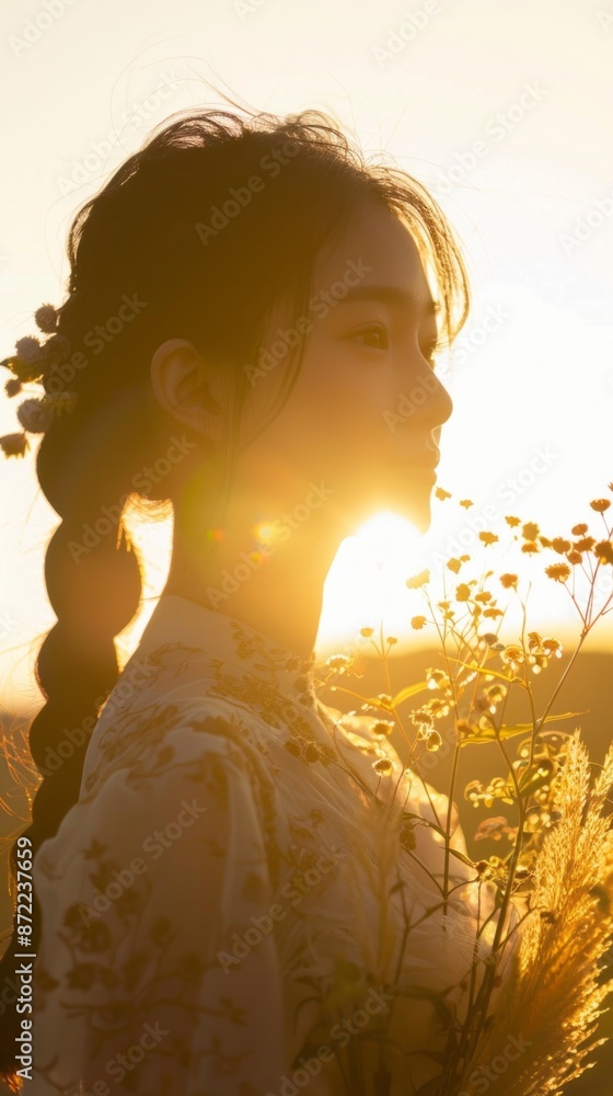 Golden Hour Portrait of a Young Woman with Floral Braided Hair Golden Hour Portrait of a Young Woman with Floral Braided Hair