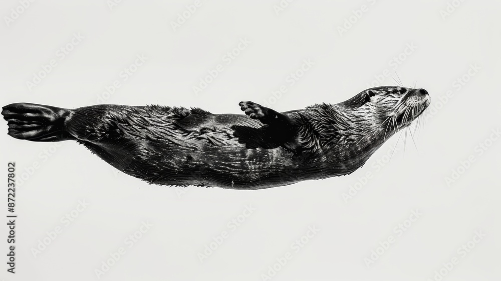 A playful otter, floating on its back, is captured with simple black lines on a white background, A playful otter, floating on its back, is captured with simple black lines on a white background,