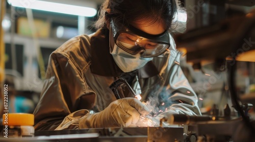A woman wearing safety glasses, a face mask, and gloves is welding metal in a workshop. Sparks fly from the welding torch as she works © liliyabatyrova