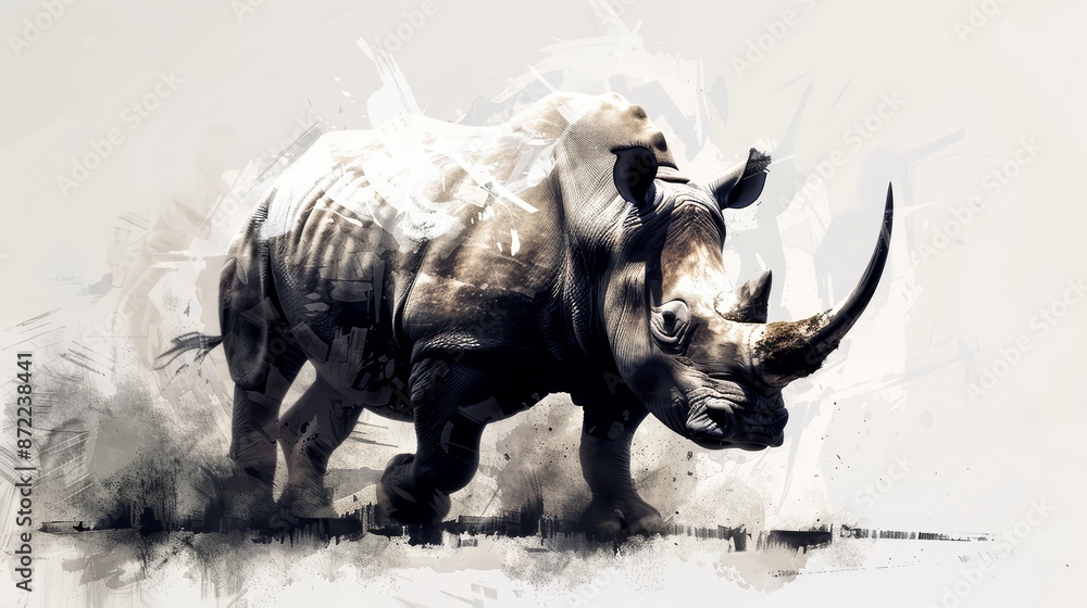 Fototapeta premium A powerful rhino, with its horn prominently displayed, is illustrated with bold black strokes on a white background