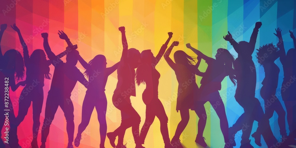 Silhouette of people dancing joyfully in celebration of Pride Month. Silhouette of people dancing joyfully in celebration of Pride Month.