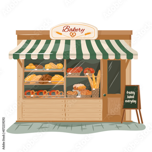 Cozy bakery kiosk vector illustration. Cartoon small bread shop with pastry, buns, maffins, loaves, baguettes isolated on white background.