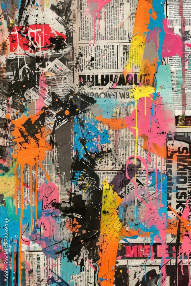 Ultra sharp image showcasing graffiti merging grunge newspapers with multicolored paint splashes