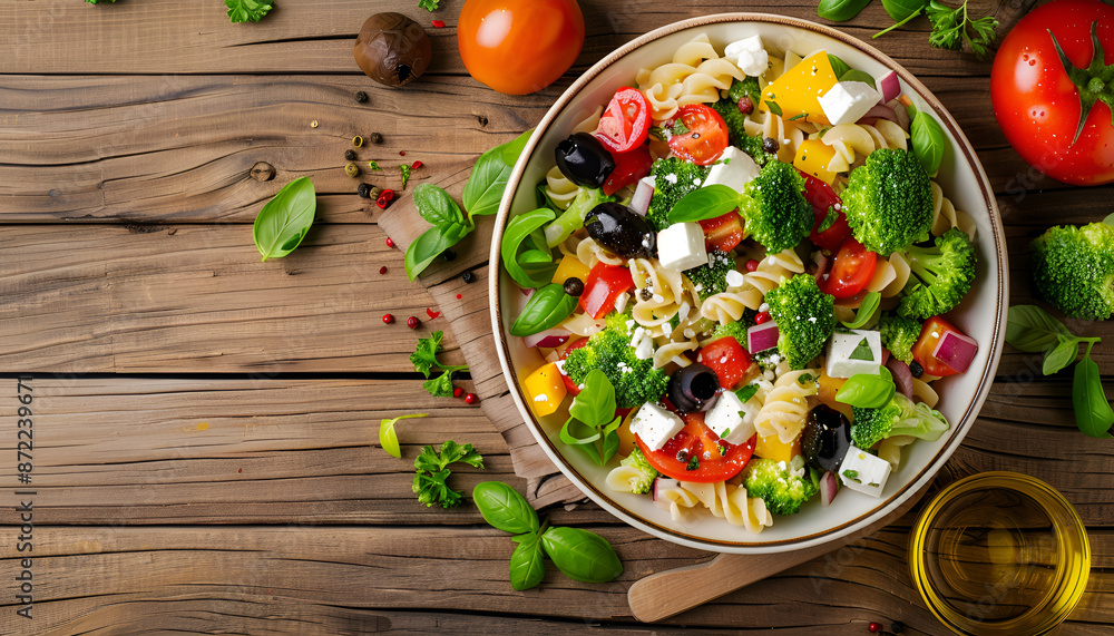 Pasta salad with tomato, broccoli, black olives, and cheese feta on wooden table, top view Pasta salad with tomato, broccoli, black olives, and cheese feta on wooden table, top view