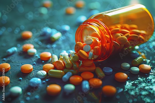 Spilled Colorful Pills from Overturned Orange Prescription Bottle photo