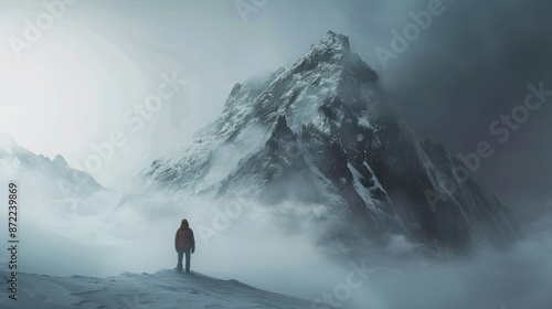 Solitary Ascent. Man standing in front of a mountain peak in the fog. photo