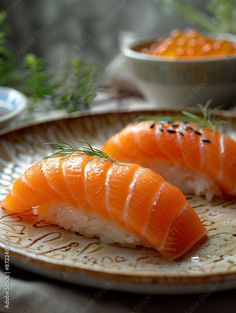 An elegant minimalist design with warm tones and soft lighting, food photography with a filmic grainy texture. Natural light creates a serene atmosphere. Two salmon nigiri sushi on a beige matte plate An elegant minimalist design with warm tones and soft lighting, food photography with a filmic grainy texture. Natural light creates a serene atmosphere. Two salmon nigiri sushi on a beige matte plate
