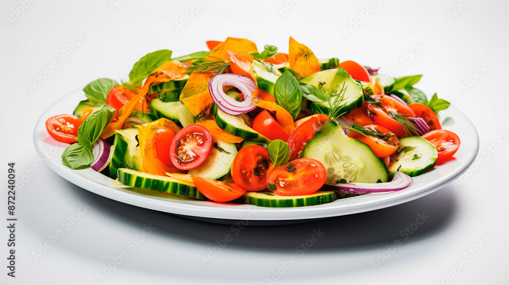 White plate with vegetable salad on the table White plate with vegetable salad on the table