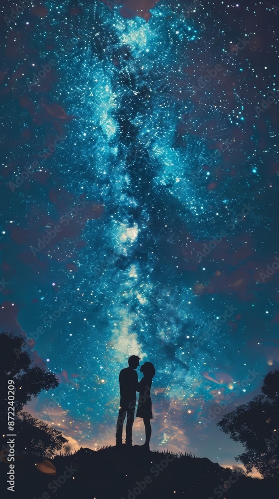 Fototapeta premium Silhouettes of a couple stargazing on a moonlit night