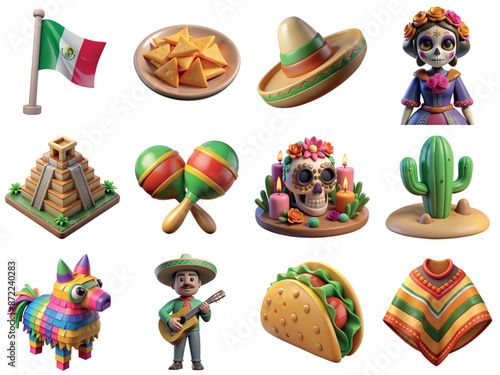 Collection of traditional Mexican symbols including national food, day of the dead attributes, pinata