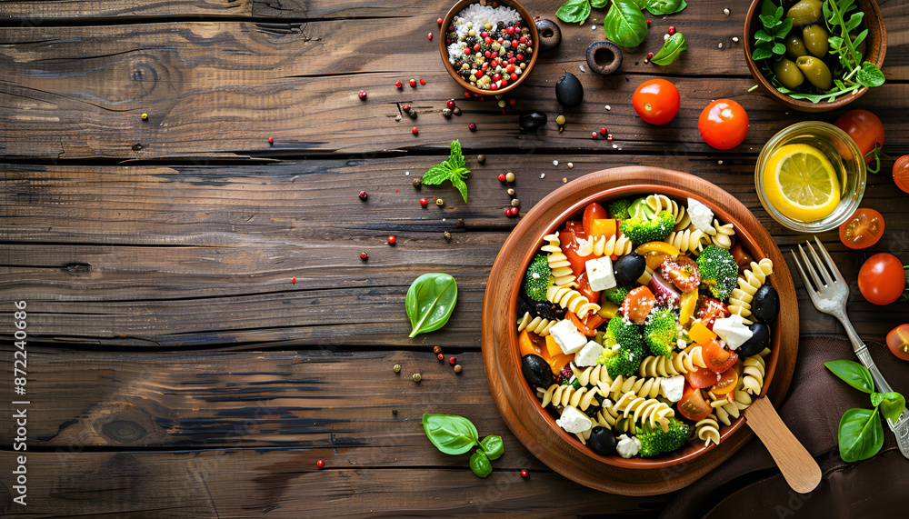 Pasta salad with tomato, broccoli, black olives, and cheese feta on wooden table, top view Pasta salad with tomato, broccoli, black olives, and cheese feta on wooden table, top view