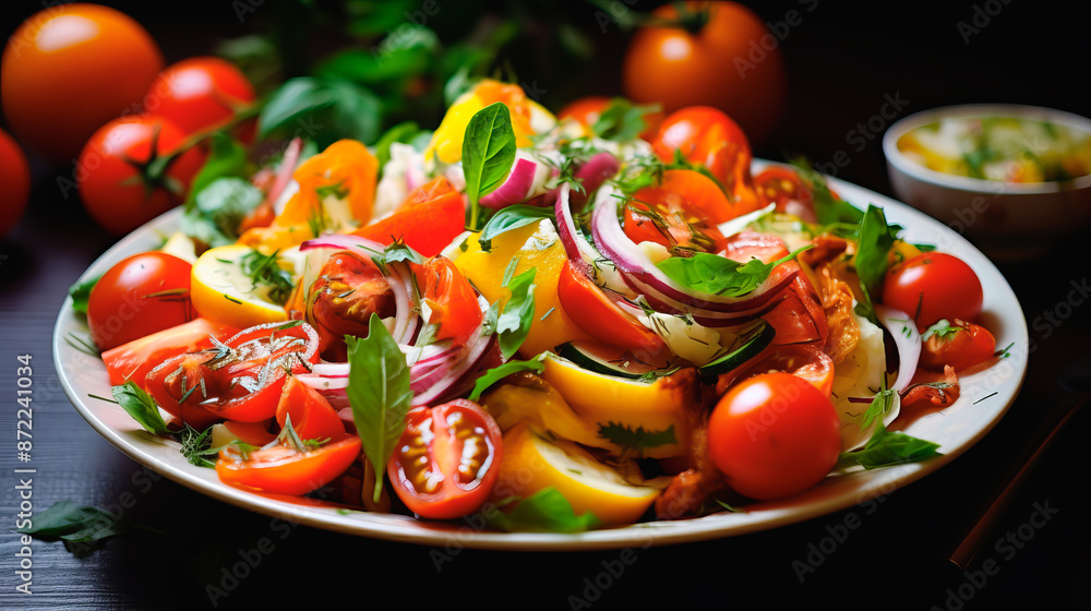 White plate with vegetable salad on the table White plate with vegetable salad on the table