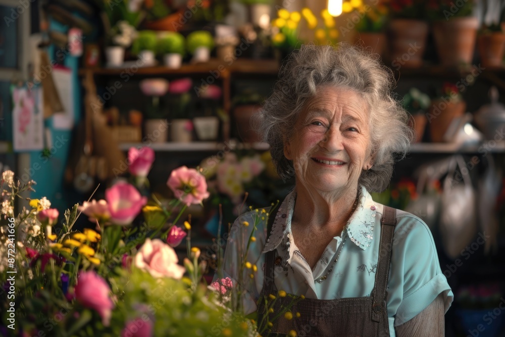 Mature woman florist owns small flower shop with shallow focus. Mature woman florist owns small flower shop with shallow focus.