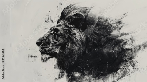 Wallpaper Mural A regal lion, its mane flowing, is drawn with bold black ink on a stark white background Torontodigital.ca