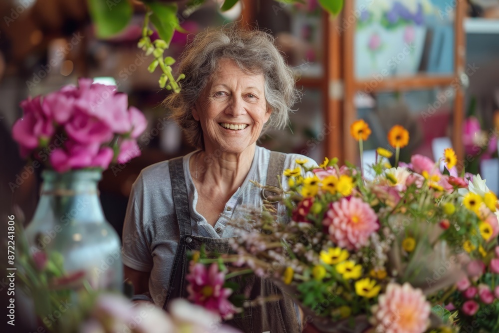 Mature woman florist owns small flower shop with shallow focus. Mature woman florist owns small flower shop with shallow focus.