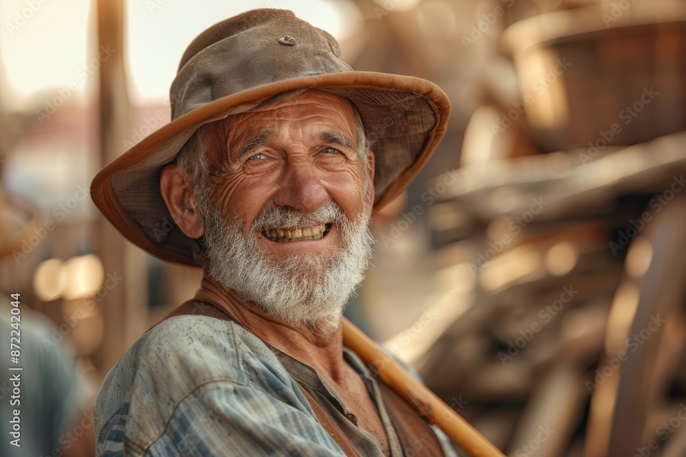 A smiling carpenter with his staff in the background A smiling carpenter with his staff in the background
