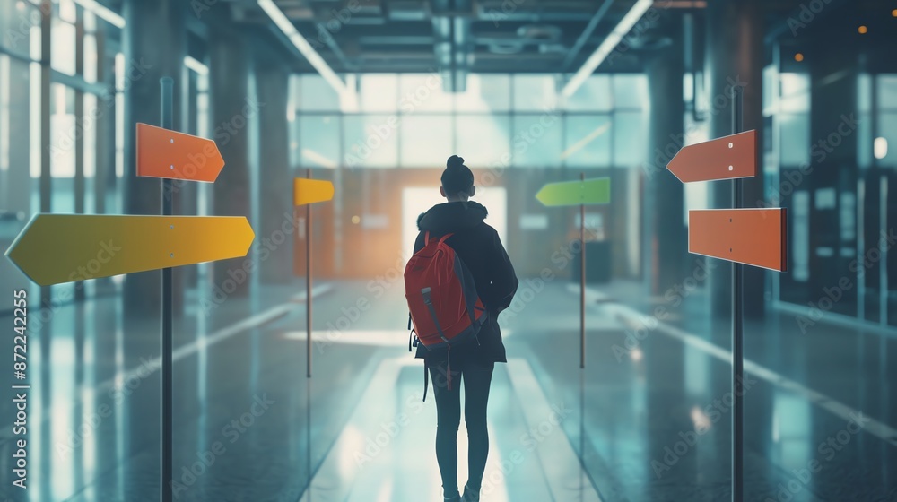 Inspirational image of a person standing at a crossroads, with signs pointing to different life goals and dreams Inspirational image of a person standing at a crossroads, with signs pointing to different life goals and dreams