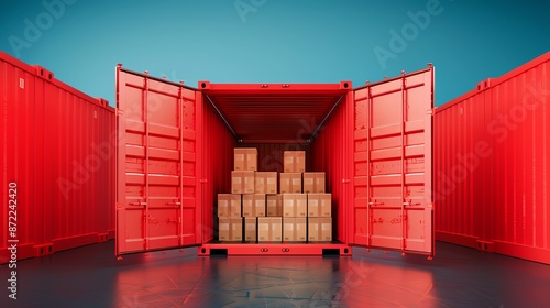 red shipping container with the doors open, revealing neatly packed goods inside photo