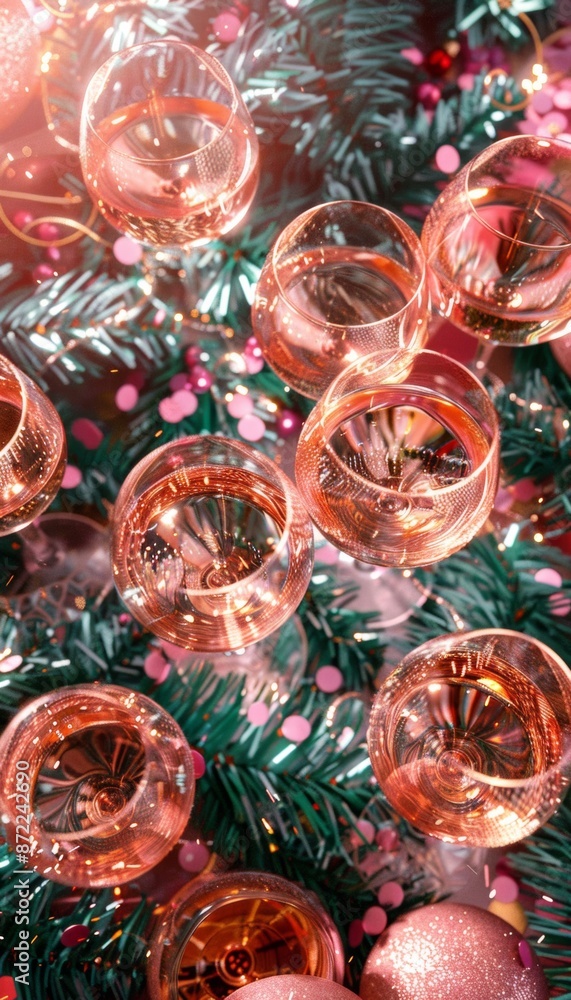 Ultra sharp top-down image featuring rose wine poured into champagne glasses, against a backdrop Ultra sharp top-down image featuring rose wine poured into champagne glasses, against a backdrop