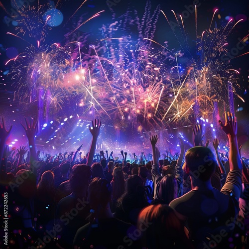 A crowd of people are celebrating with fireworks in the background © KerXing