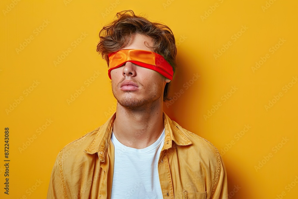 Portrait of a young man in a blindfold on a vibrant yellow background. Portrait of a young man in a blindfold on a vibrant yellow background.