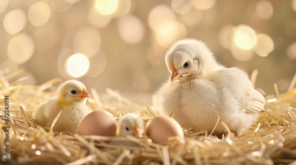 A hen with chicks stands on straw in a rustic barn, near a pile of brown eggs. A hen with chicks stands on straw in a rustic barn, near a pile of brown eggs.