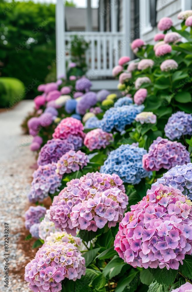 Hydrangea flowers along the path in the garden Hydrangea flowers along the path in the garden