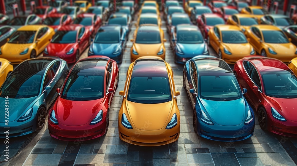 Fototapeta premium A Row of Electric Vehicles Parked in a Garage