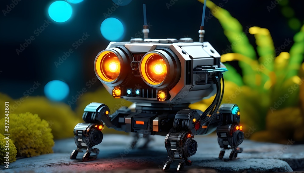 Cute robot with glowing eyes in vibrant futuristic forest background. Generative AI Cute robot with glowing eyes in vibrant futuristic forest background. Generative AI