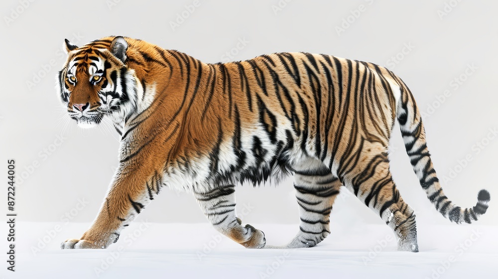 Obraz premium A regal tiger, with its stripes boldly defined, is illustrated in black ink on a stark white canvas