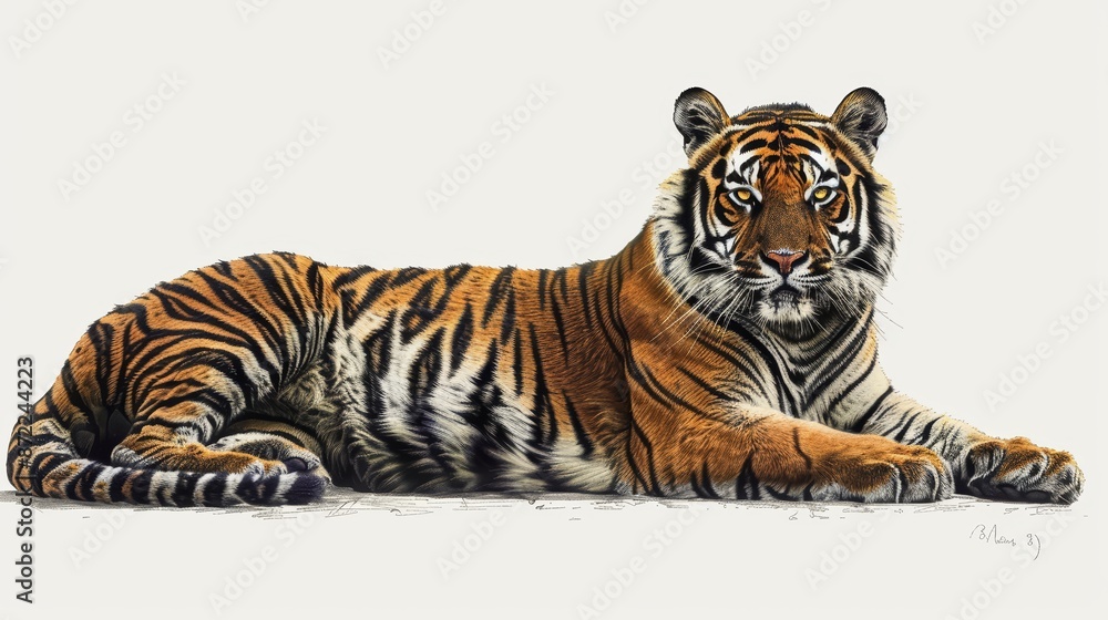 Obraz premium A regal tiger, with its stripes boldly defined, is illustrated in black ink on a stark white canvas