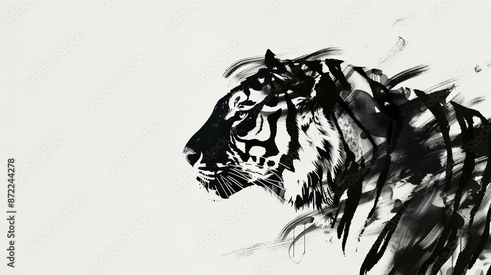 A regal tiger, with its stripes boldly defined, is illustrated in black ink on a stark white canvas A regal tiger, with its stripes boldly defined, is illustrated in black ink on a stark white canvas