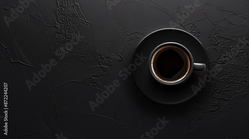 Black background with coffee cup on table, minimalistic style. Dark grey wall for product presentation mock up. Copy space banner. Mockup template. Black color