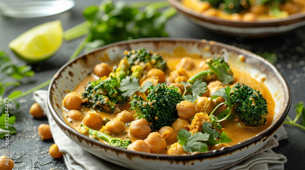 A bowl of broccoli and chickpea curry with a rich coconut milk base, garnished with fresh cilantro and a wedge of lime A bowl of broccoli and chickpea curry with a rich coconut milk base, garnished with fresh cilantro and a wedge of lime