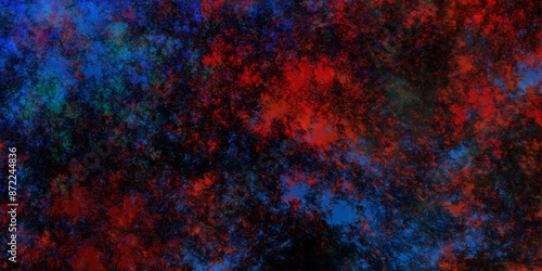 Star field background Aquamarine and dark red orange, navy blue and nebula universe. Cosmic neon light blue watercolor background aquarelle deep black Paper textured. Fantastic outer view space