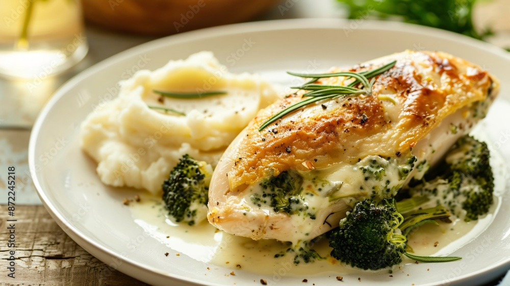 A delightful broccoli and cheese stuffed chicken breast, served with a side of garlic mashed potatoes and a sprig of rosemary A delightful broccoli and cheese stuffed chicken breast, served with a side of garlic mashed potatoes and a sprig of rosemary