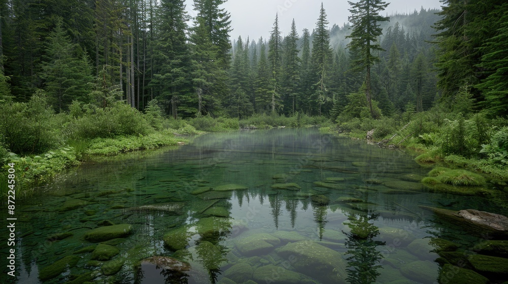 A still, clear creek flows through a lush forest, with mist rising from the water and sunlight filtering through the trees A still, clear creek flows through a lush forest, with mist rising from the water and sunlight filtering through the trees